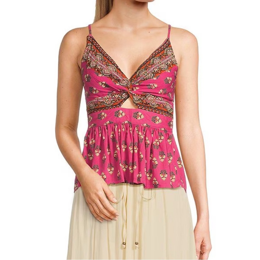 Angie Sleeveless V-Neck Knot Front Keyhole Boho Border Print Top M